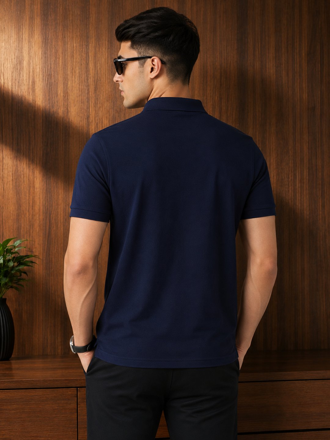 Leotude Men's Navy Striped Panel Colour Block Polo T-Shirt