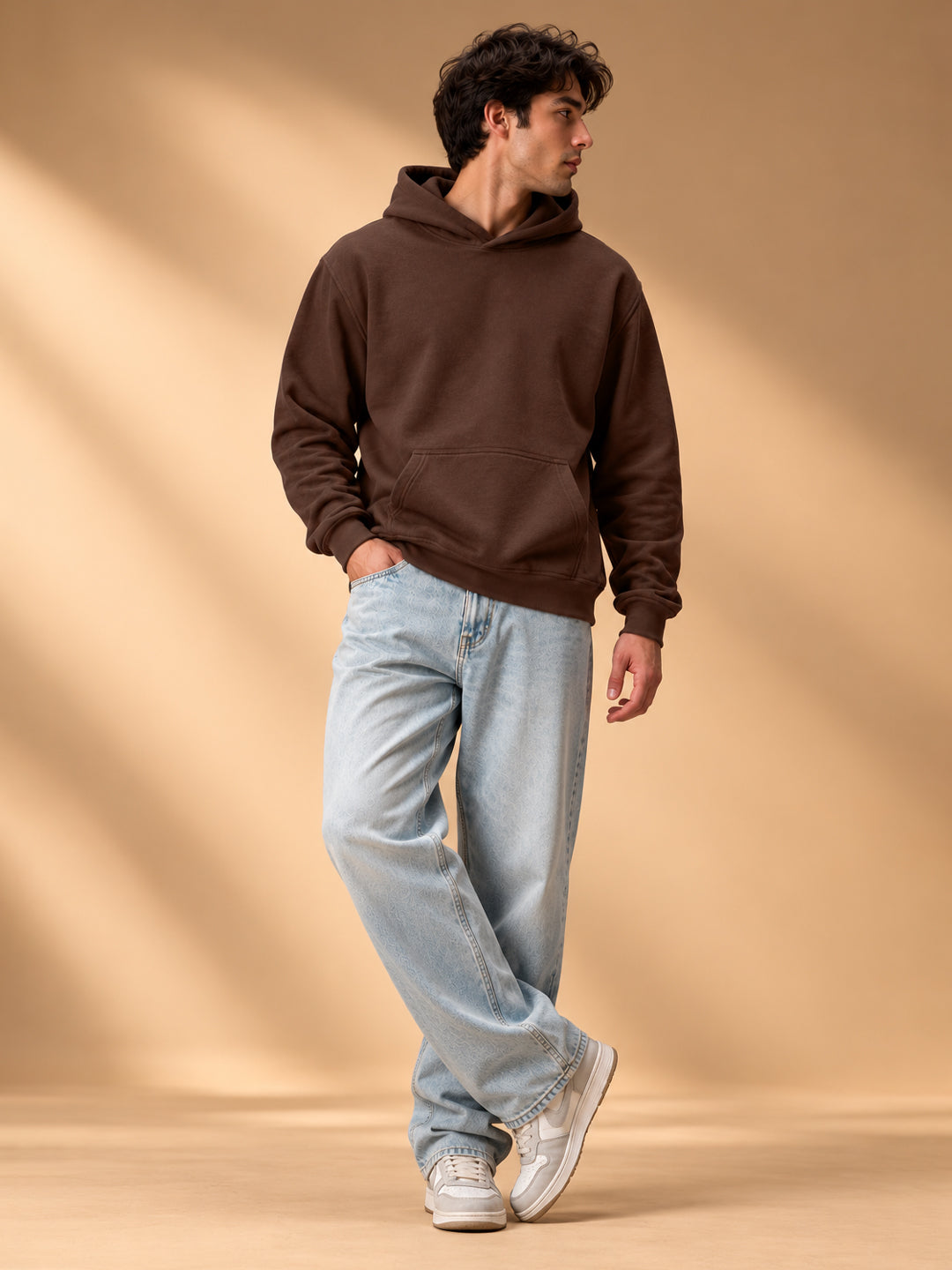 Leotude Men's Brown Solid Hooded Sweatshirt