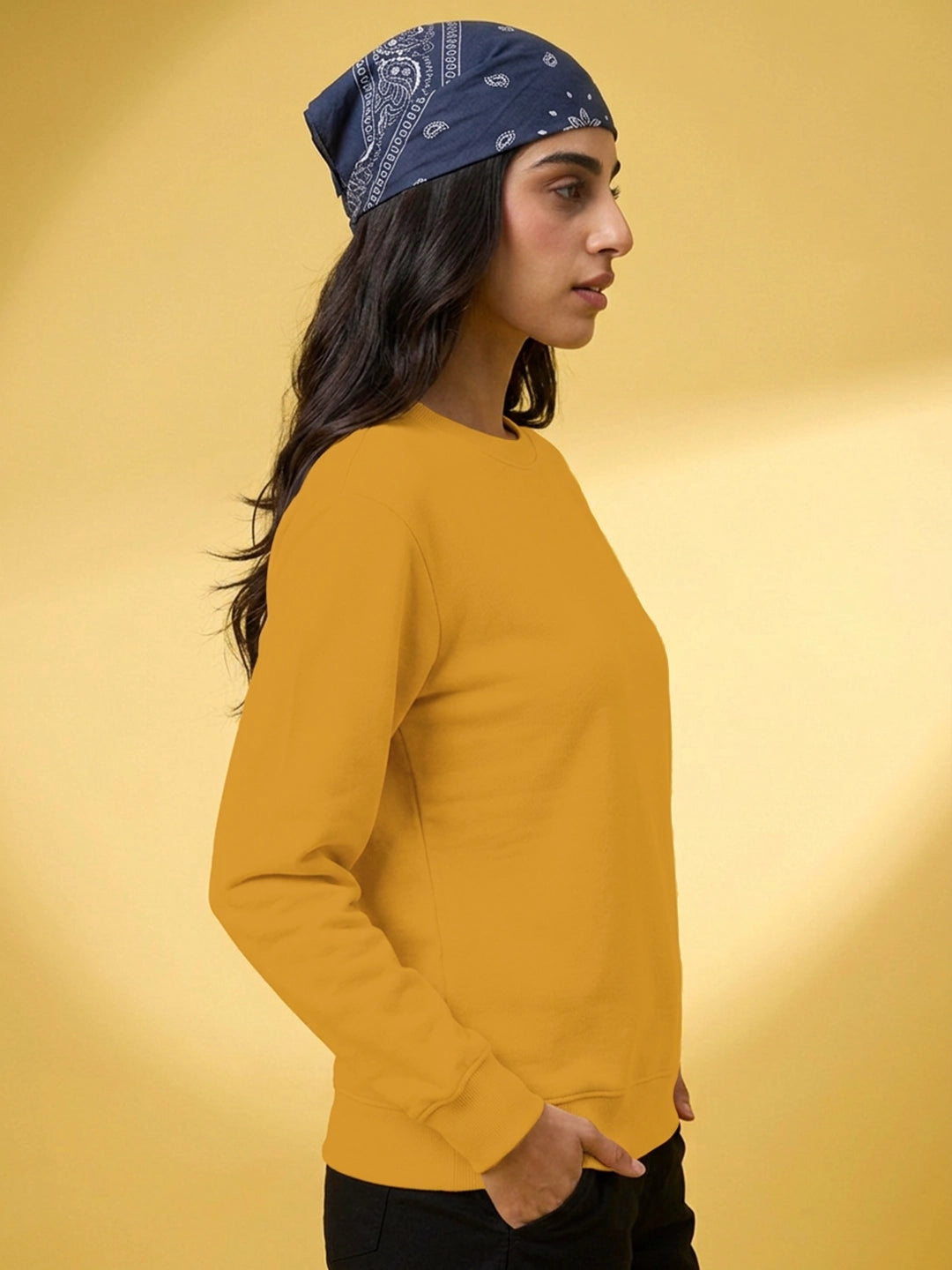 Leotude Women's Solid Mustard Yellow Round Neck Sweatshirt