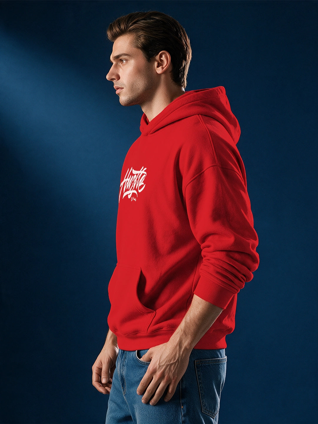 Leotude Red Hustle Typography Printed Hooded Sweatshirt for Men