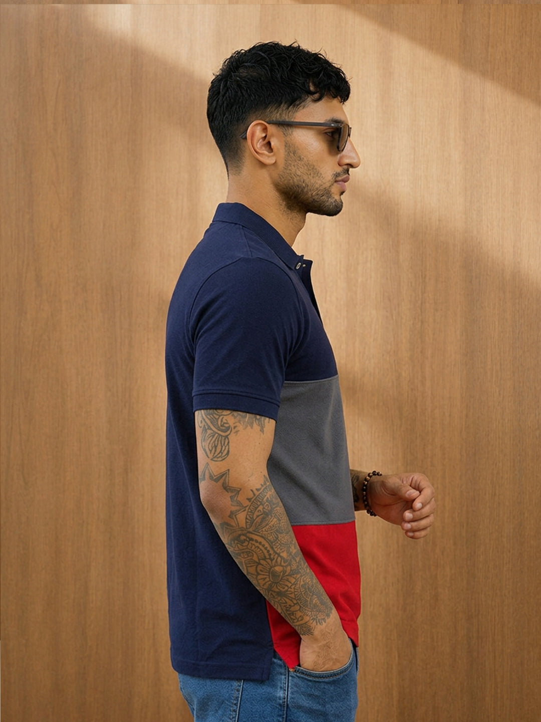 Leotude Men's Navy Grey Red Colour Block Polo T-Shirt