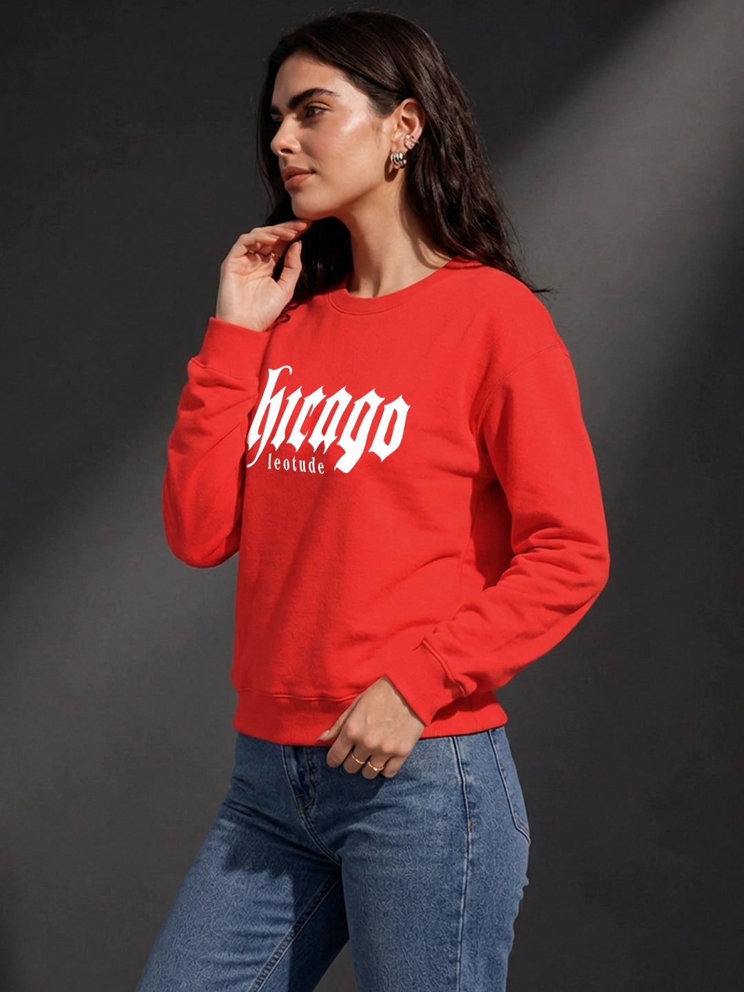Leotude Women's Red Chicago Printed Round Neck Sweatshirt