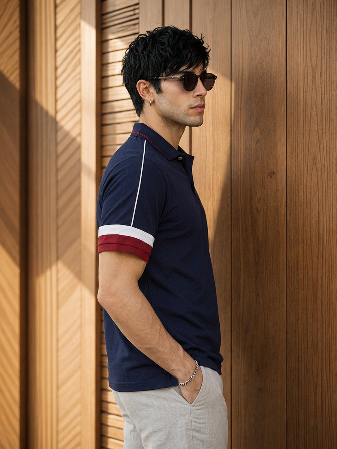 Leotude Men's Navy Blue Contrast Piping Polo T-Shirt