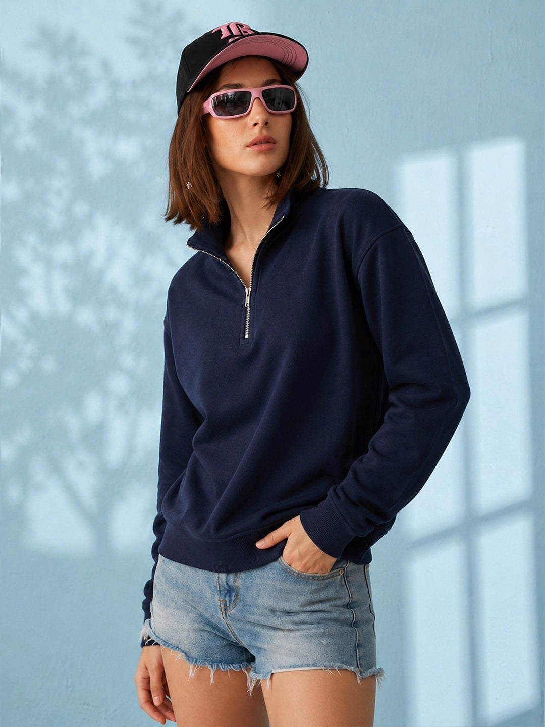Leotude Women's Solid Navy Blue Half-Zip High Neck Sweatshirt