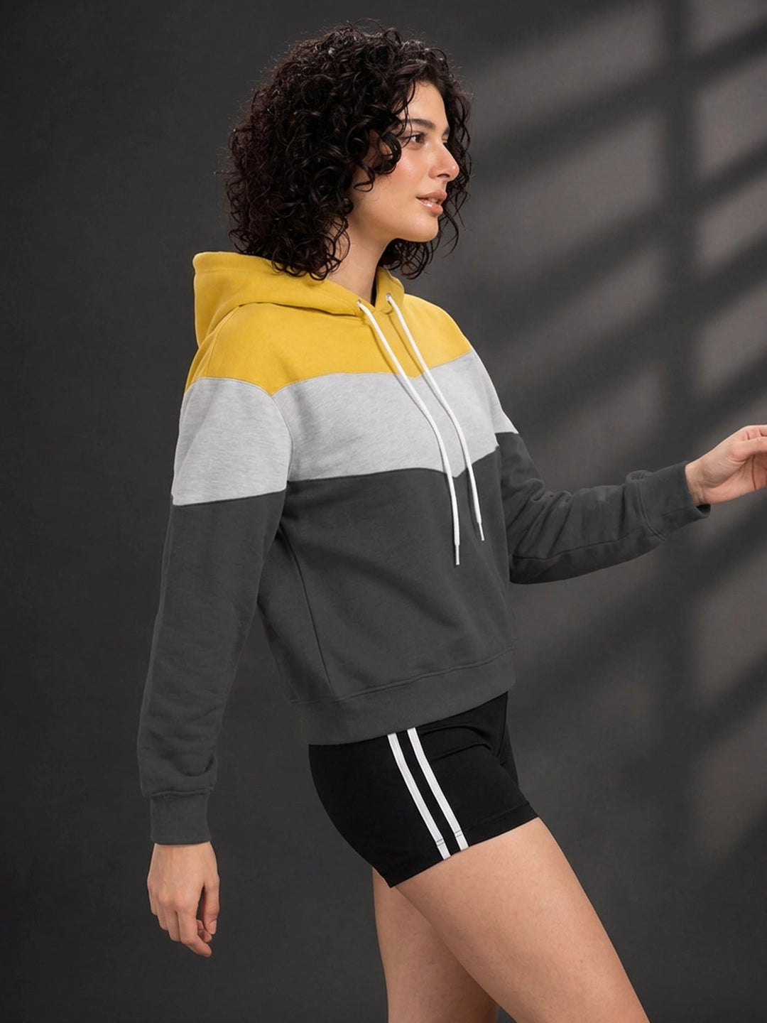 Leotude Women's Yellow, Grey & Anthracite Colourblocked Hooded Sweatshirt