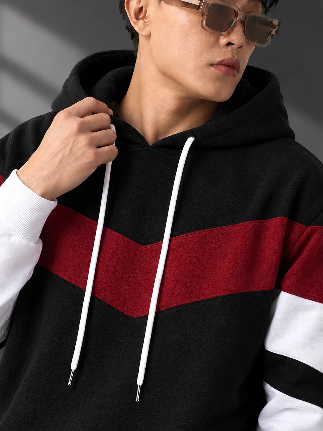 Leotude Black Maroon and White Colorblock Hooded Sweatshirt for Men