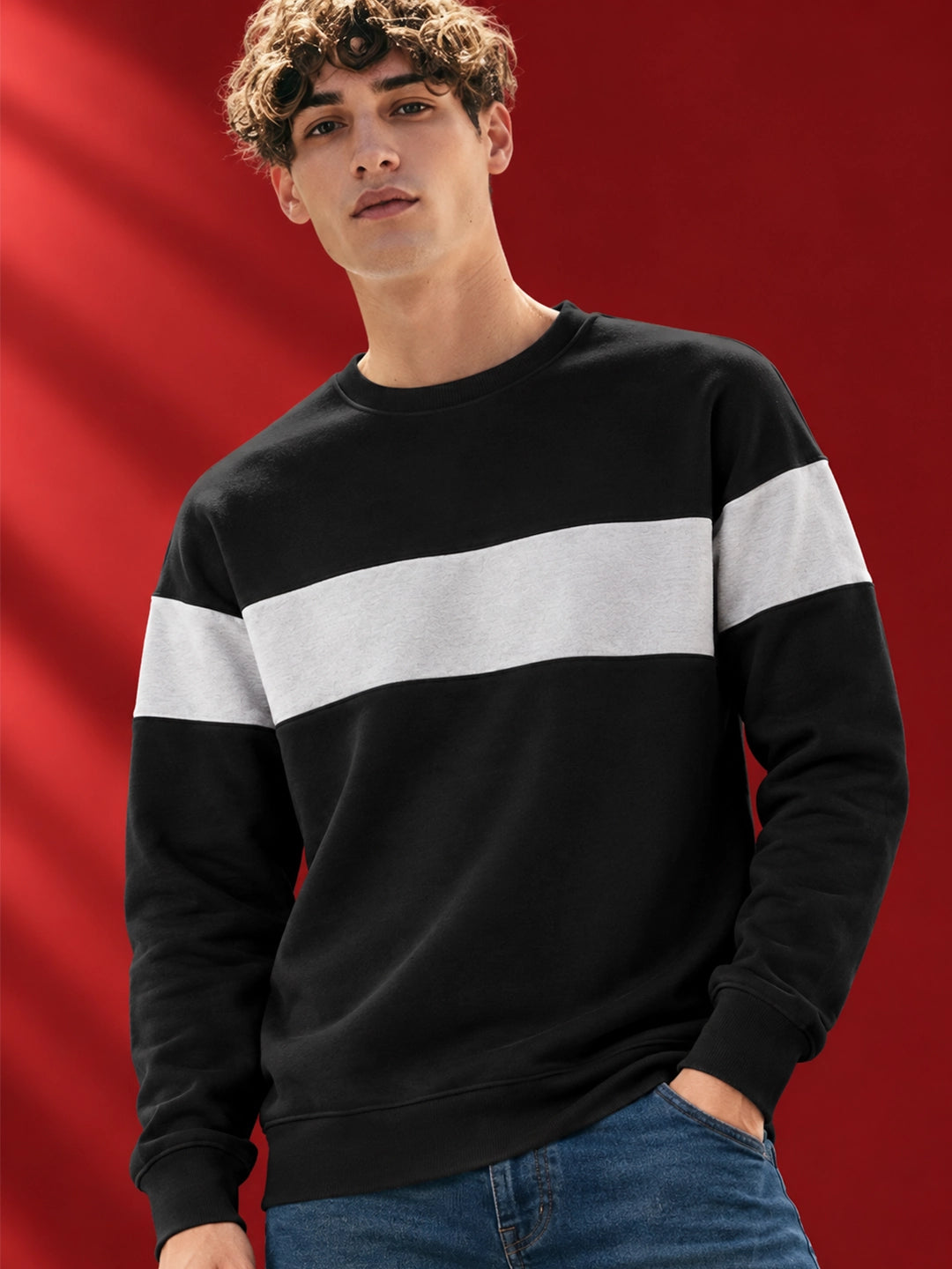 Leotude Men's Black & Grey Melange Colourblocked Sweatshirt