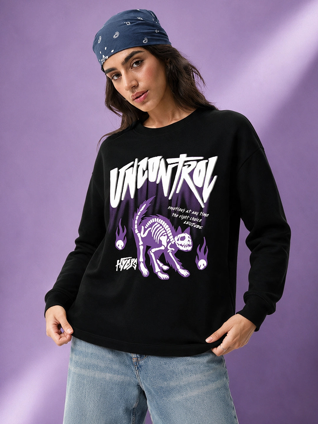 Leotude Women's Black UNCONTROL Cat Skeleton Graphic Printed Sweatshirt