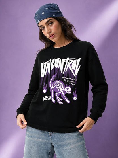 Leotude Women's Black UNCONTROL Cat Skeleton Graphic Printed Sweatshirt