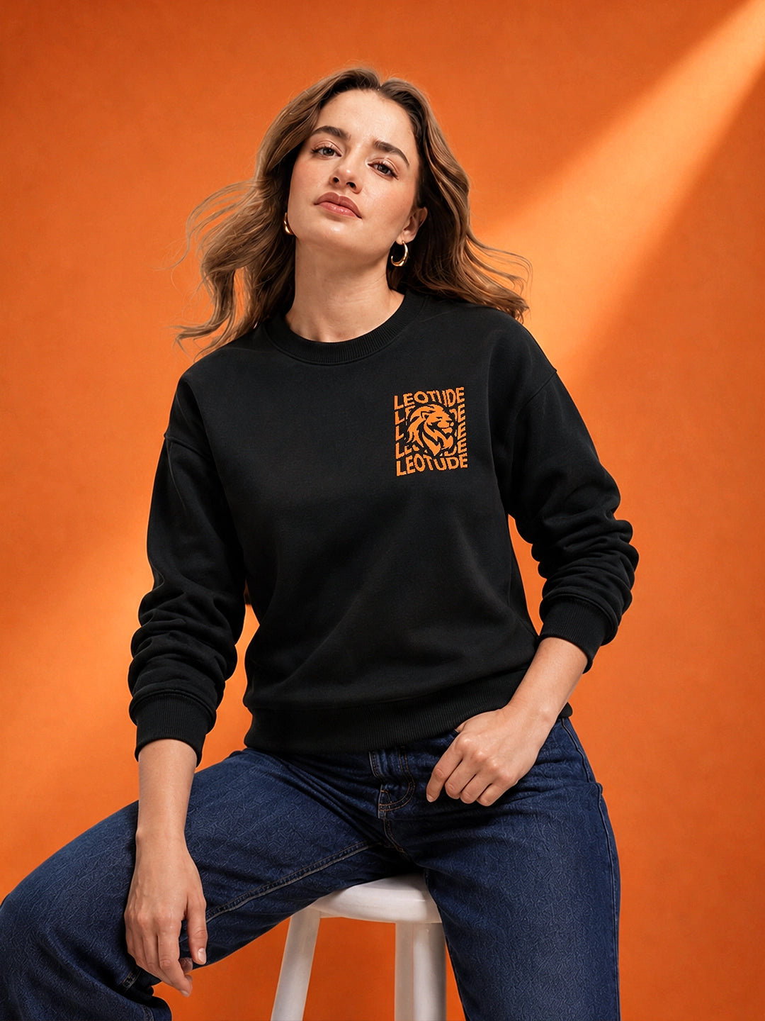 Leotude Women's Black Lion Graphic Chest Printed Sweatshirt