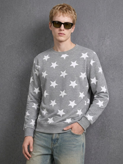 Leotude Men's Grey Melange All-Over Star Printed Sweatshirt