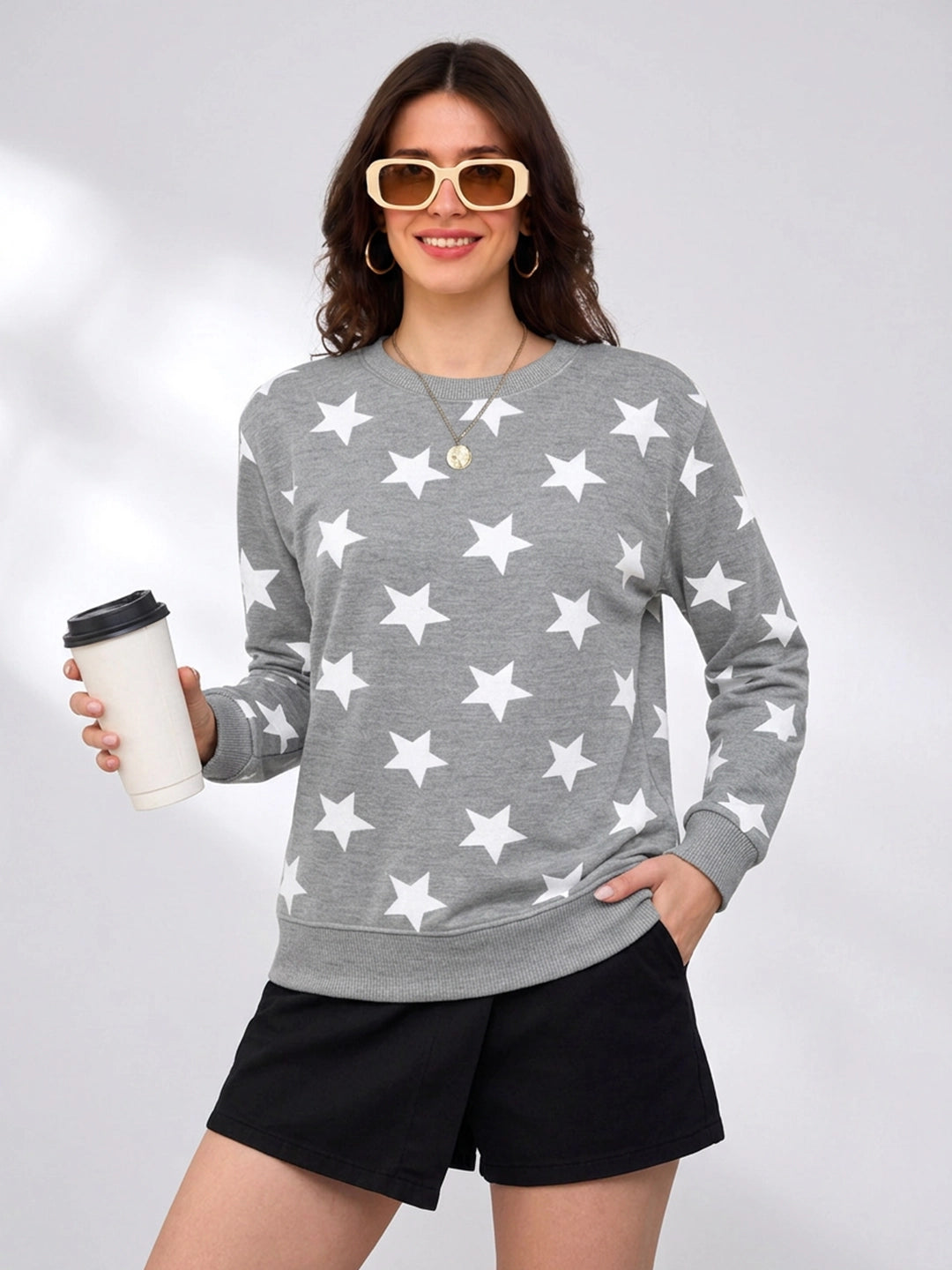 Leotude Women's Grey Melange All-Over Star Printed Sweatshirt