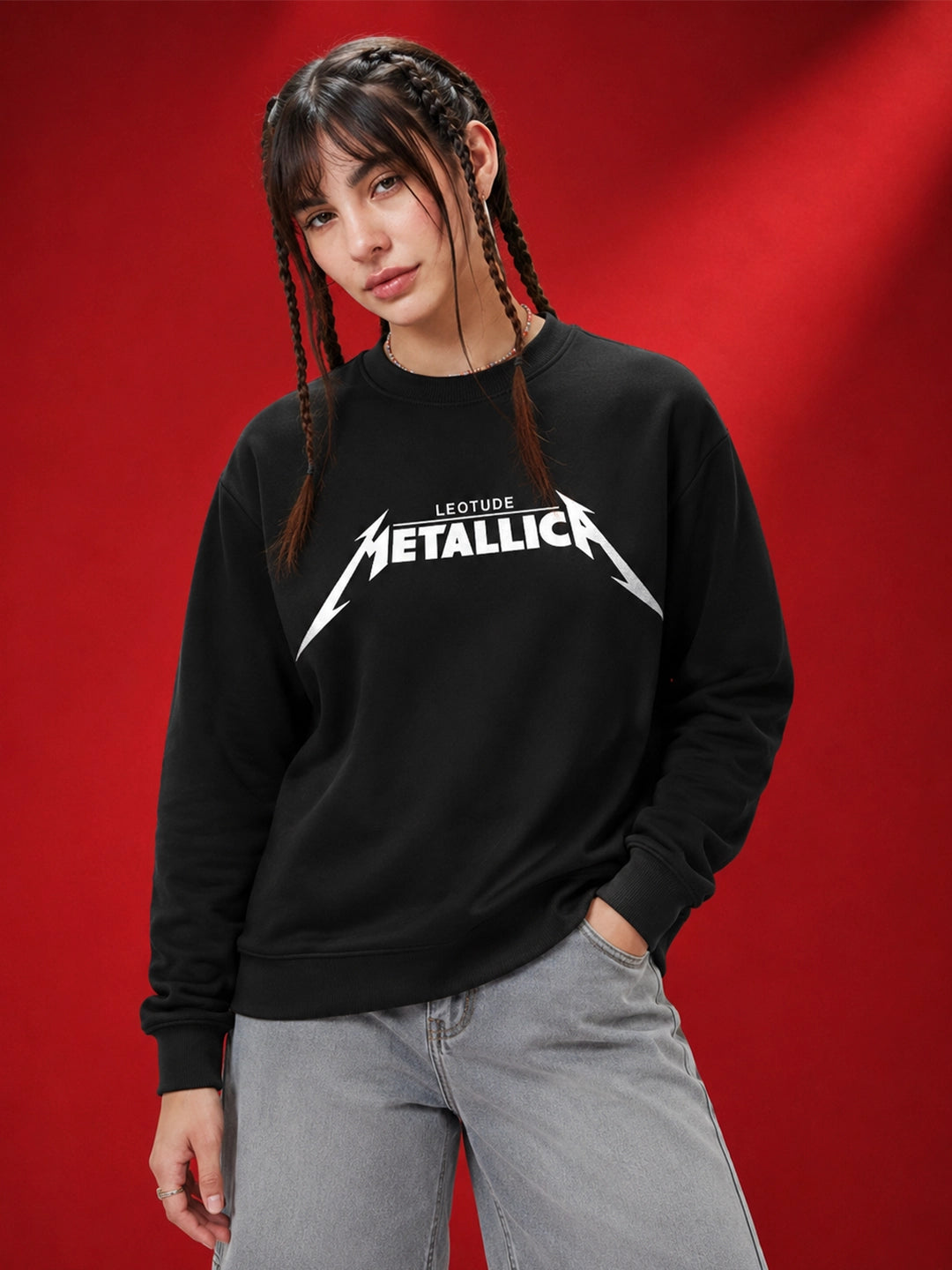 Leotude Women's Black Metallica Graphic Printed Sweatshirt