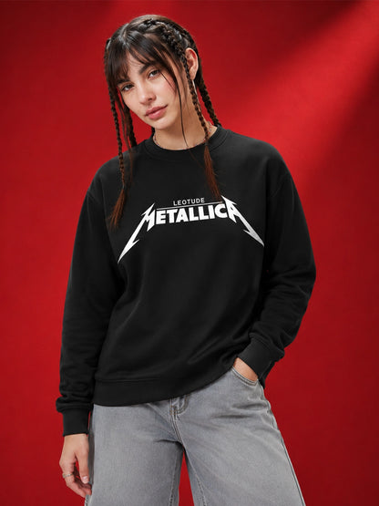 Leotude Women's Black Metallica Graphic Printed Sweatshirt