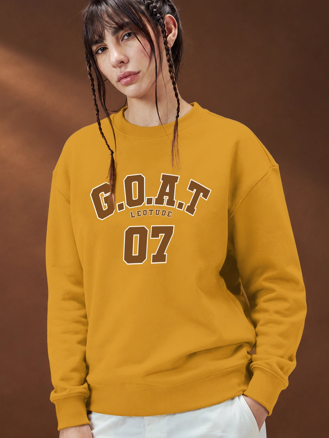 Leotude Women's Mustard Yellow G.O.A.T 07 Graphic Printed Sweatshirt