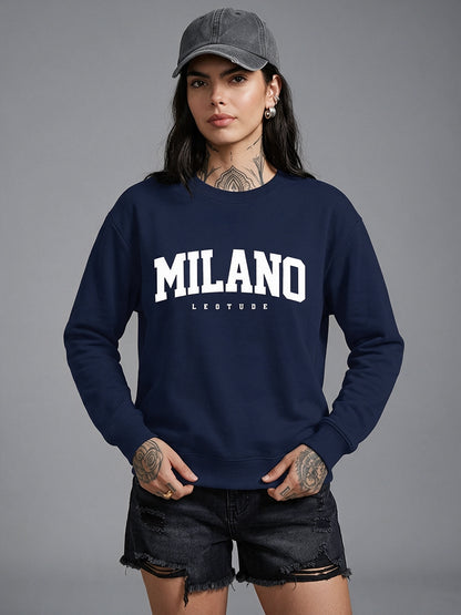 Leotude Women's Navy Blue MILANO Typography Printed Sweatshirt
