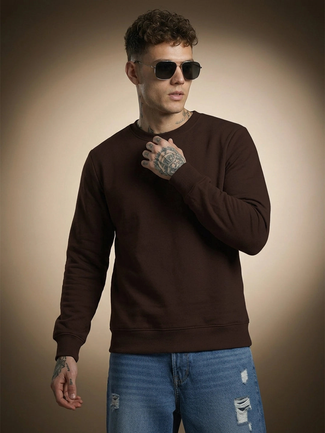 Men's Plain Brown Crew Neck Sweatshirt