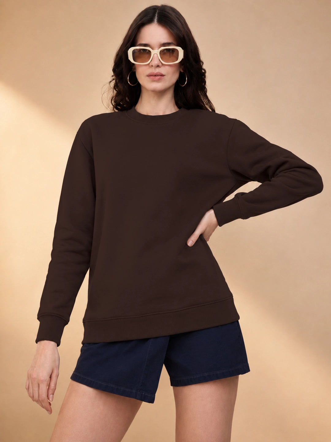 Leotude Women's Solid Brown Round Neck Sweatshirt