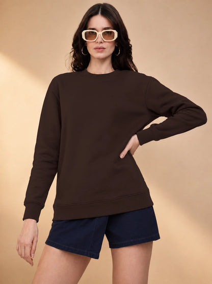 Leotude Women's Solid Brown Round Neck Sweatshirt
