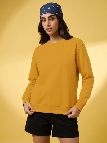Leotude Women's Solid Mustard Yellow Round Neck Sweatshirt