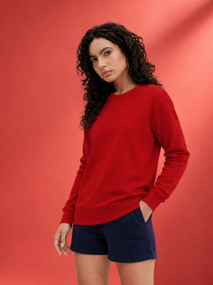 Leotude Women's Solid Red Round Neck Sweatshirt