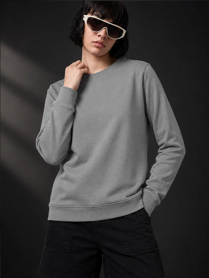 Leotude Women's Solid Grey Round Neck Sweatshirt