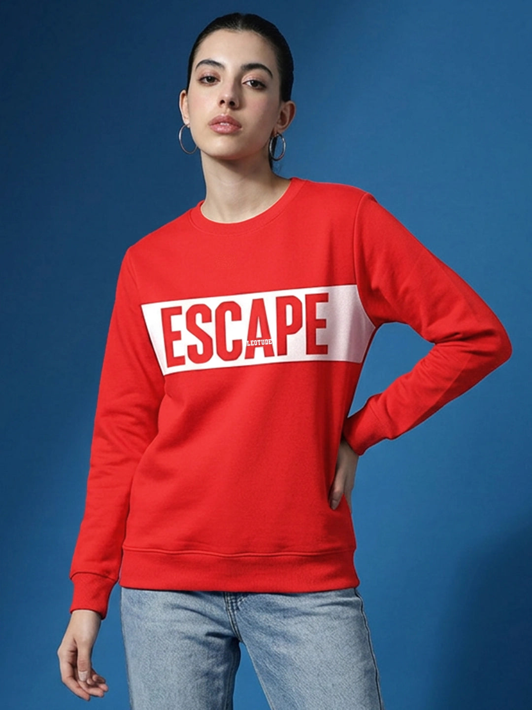 Leotude Women's Red Escape Printed Round Neck Sweatshirt