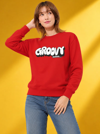 Leotude Women's Red Groovy Printed Round Neck Sweatshirt