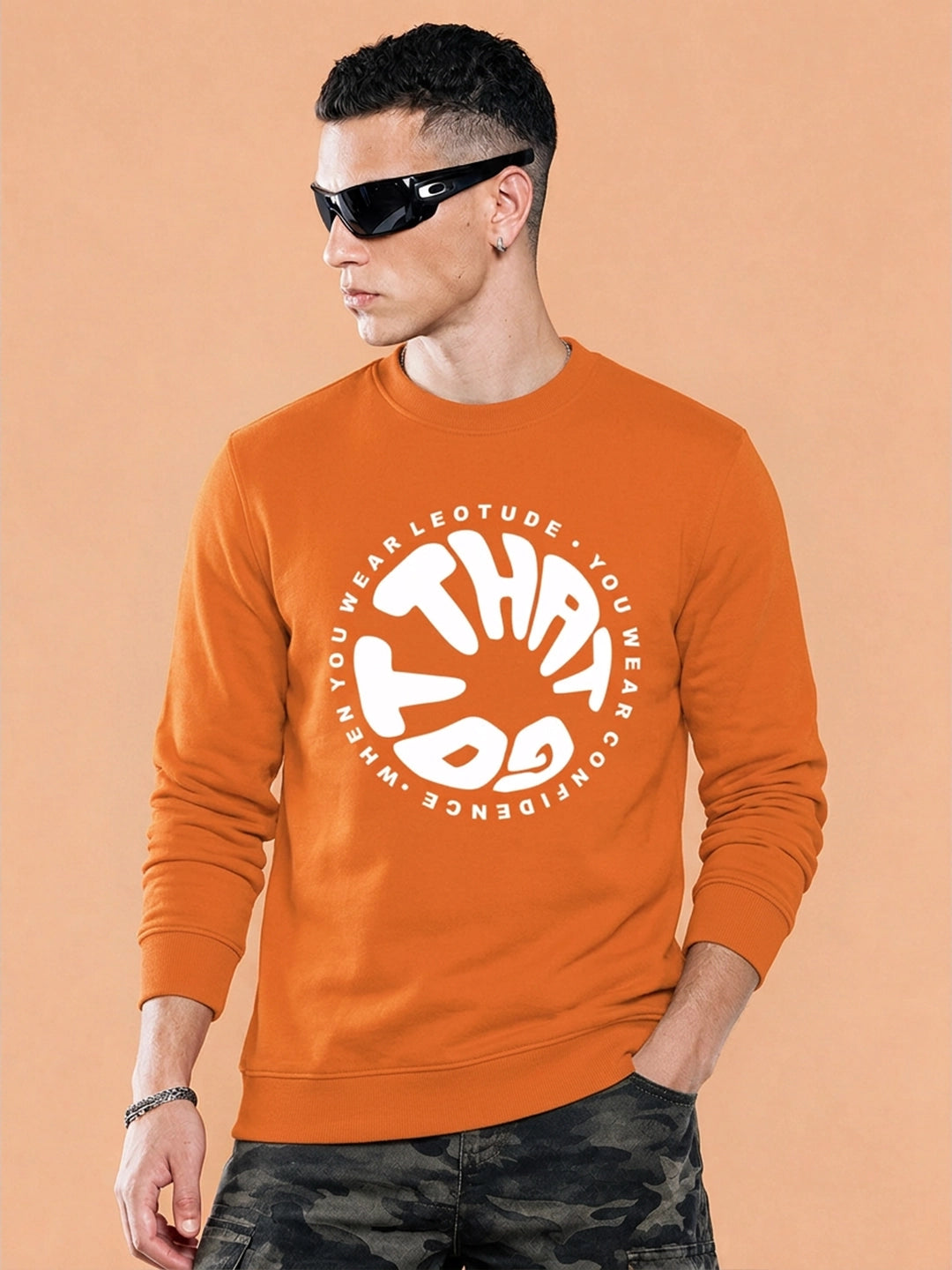 Men's Orange Graphic Crew Neck Sweatshirt