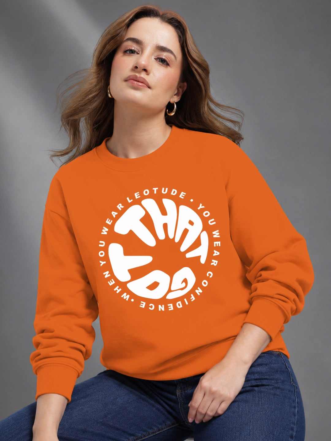 Leotude Women's Orange Graphic Printed Sweatshirt