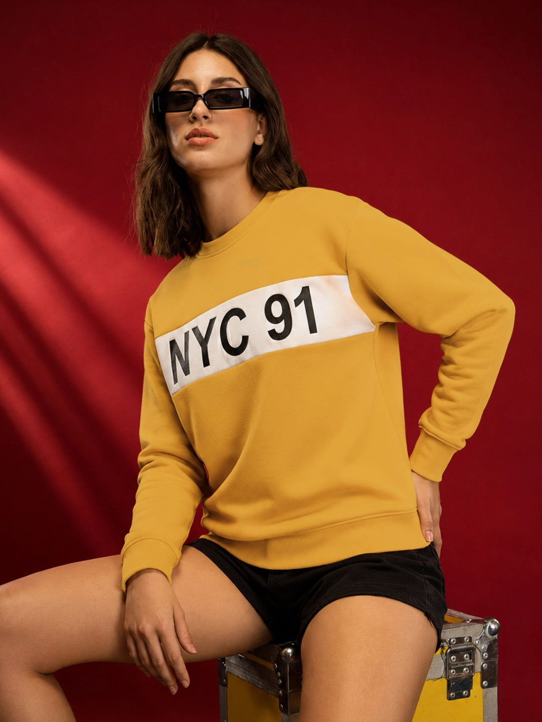Leotude Women's Mustard Yellow NYC 91 Printed Round Neck Sweatshirt