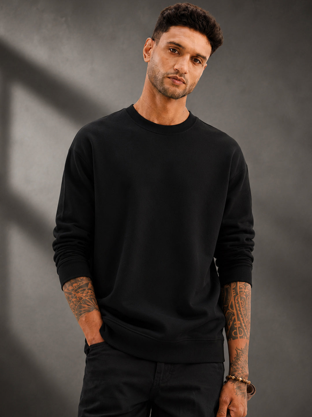 Leotude Plain Black Sweatshirt for Men