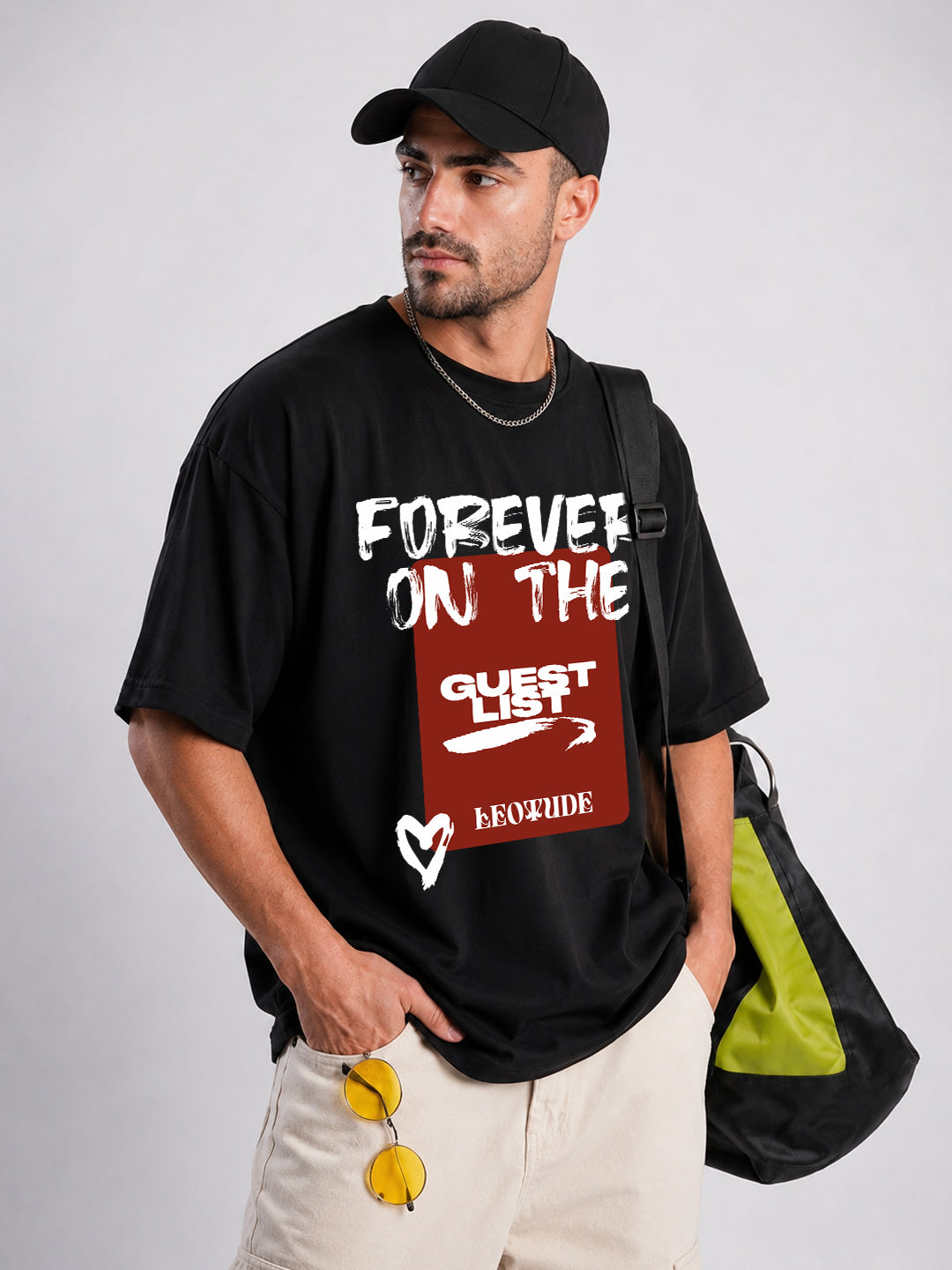 Leotude Black Forever Printed Oversized Tshirt for Men