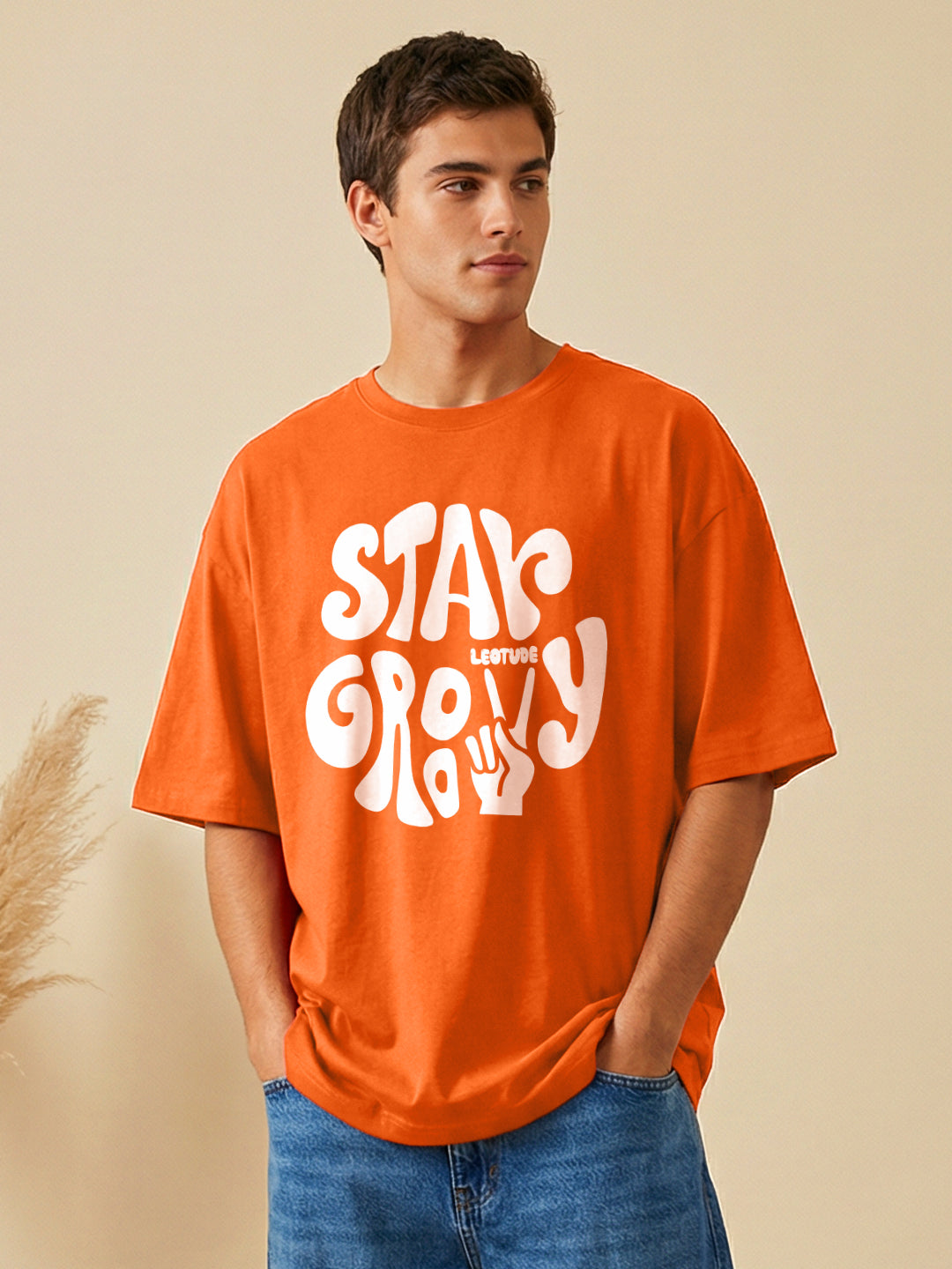 Leotude Orange Stay Groovy Printed Oversized Tshirt for Men