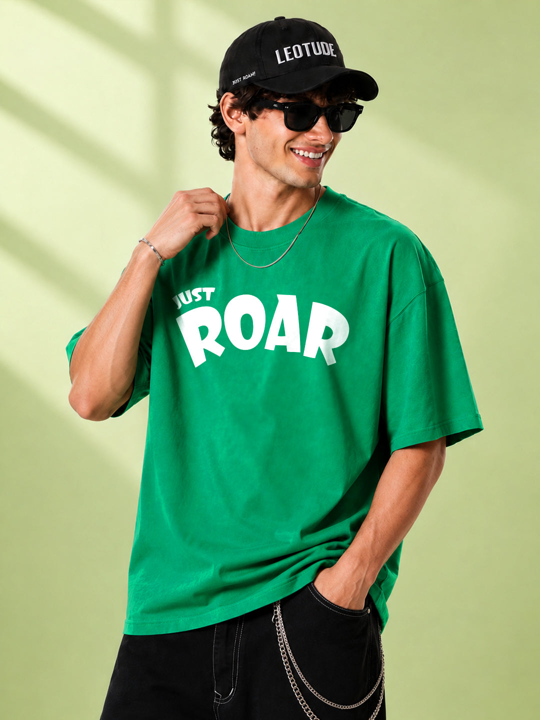 Leotude Men "Just Roar" Green Oversized T-Shirt