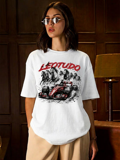 Leotude Women "Racing Stallions" White Oversized T-Shirt