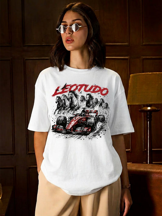 Leotude Women "Racing Stallions" White Oversized T-Shirt