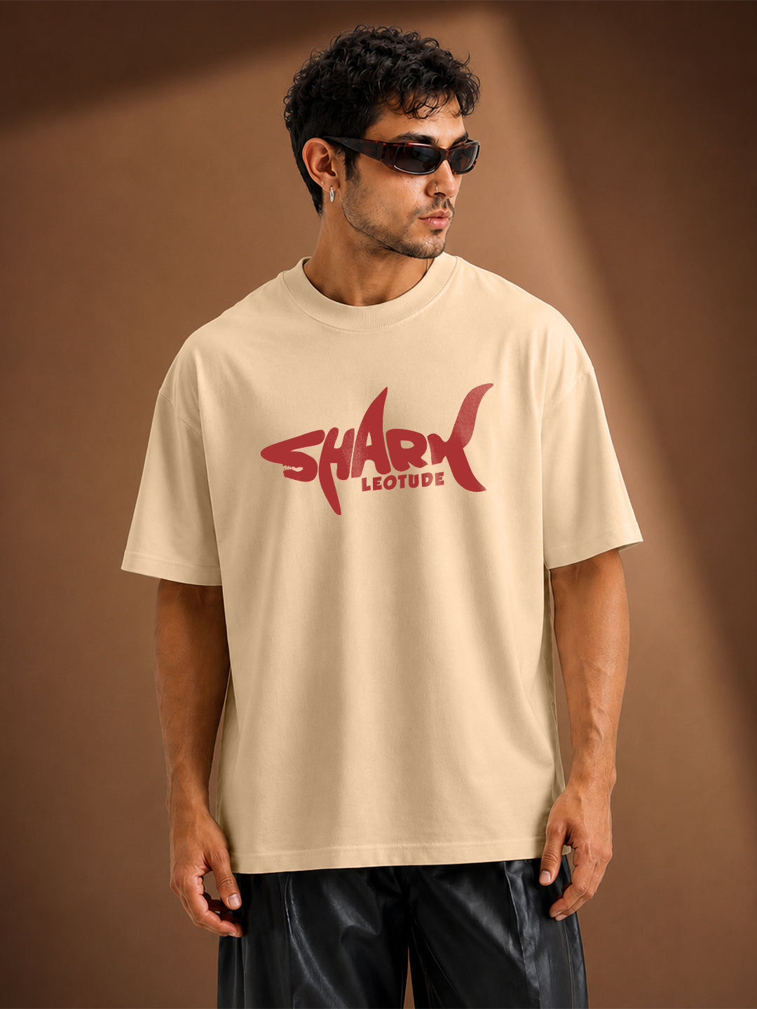 Leotude Men's "Shark" Printed Oversized T-Shirt — Beige Streetwear Tee