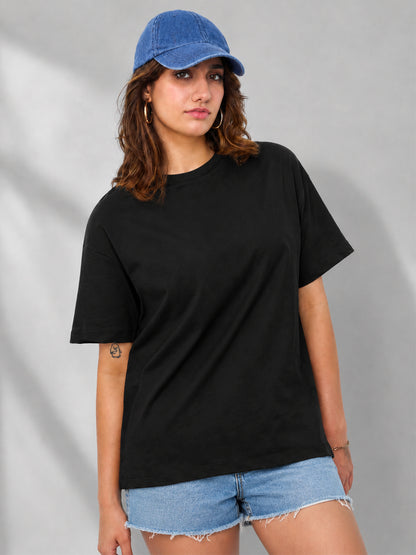 Leotude Oversized Plain T-Shirt — Women's Solid Cotton Drop-Shoulder Tee - Black