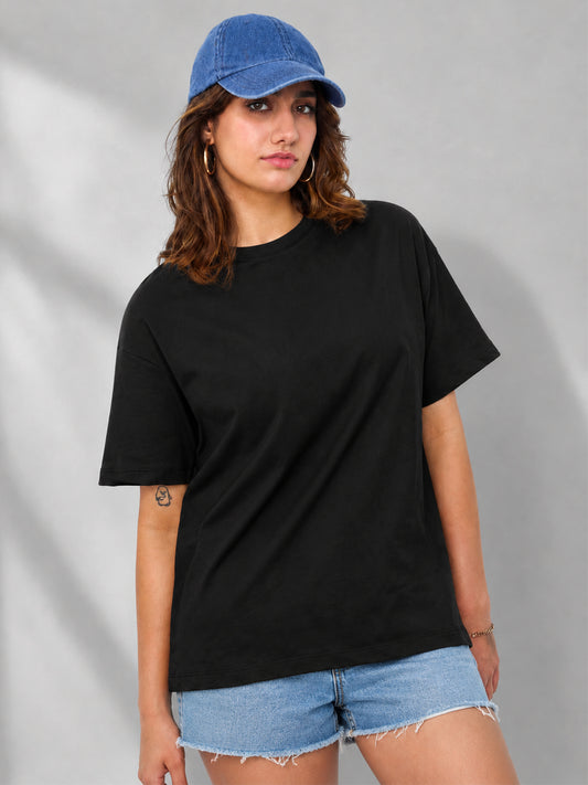 Leotude Oversized Plain T-Shirt — Women's Solid Cotton Drop-Shoulder Tee - Black