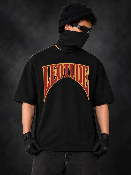 Leotude Men's Black Legacy Logo Elite oversized T-Shirt - front arched varsity wordmark print