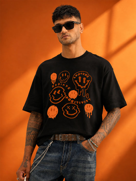 Leotude Black Emoji Printed Oversized Tshirt for Men