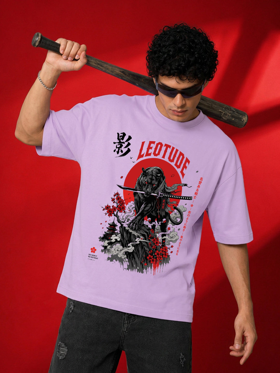 Leotude Men's Samurai Panther Printed T-Shirt — Purple Oversized Graphic Tee