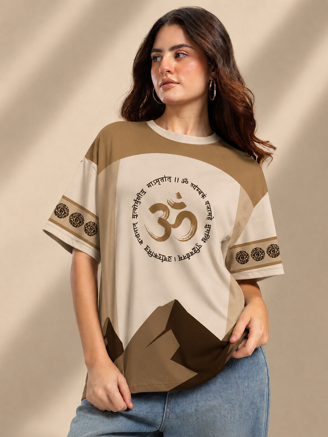 Leotude Women's Beige Mahadev Printed T-Shirt