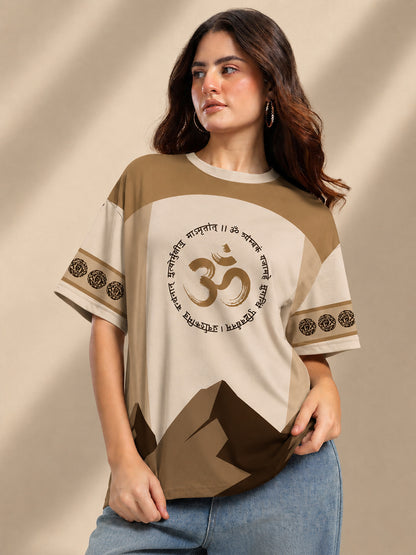 Leotude Women's Beige Mahadev Printed T-Shirt