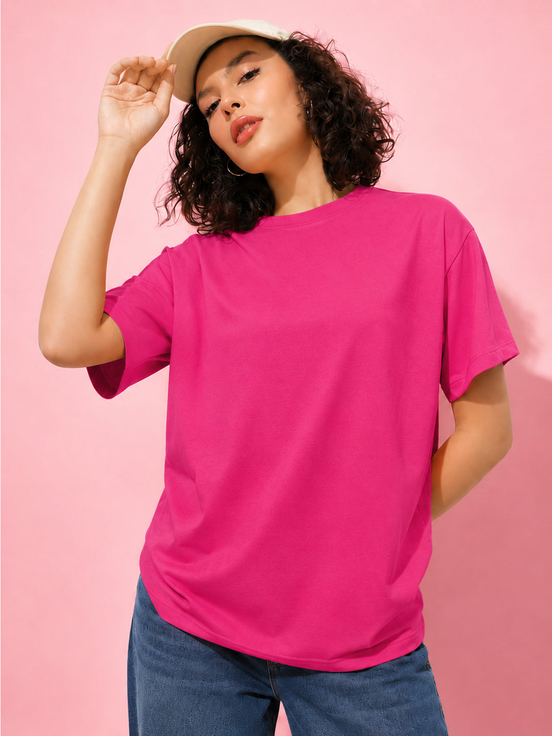 Leotude Oversized Plain T-Shirt — Women's Solid Cotton Drop-Shoulder Tee - Pink