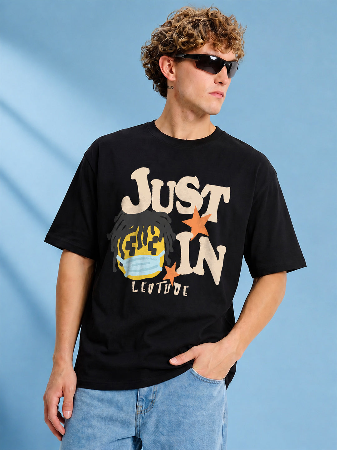 Leotude Men's "Just In" Printed Oversized T-Shirt — Black Streetwear Tee