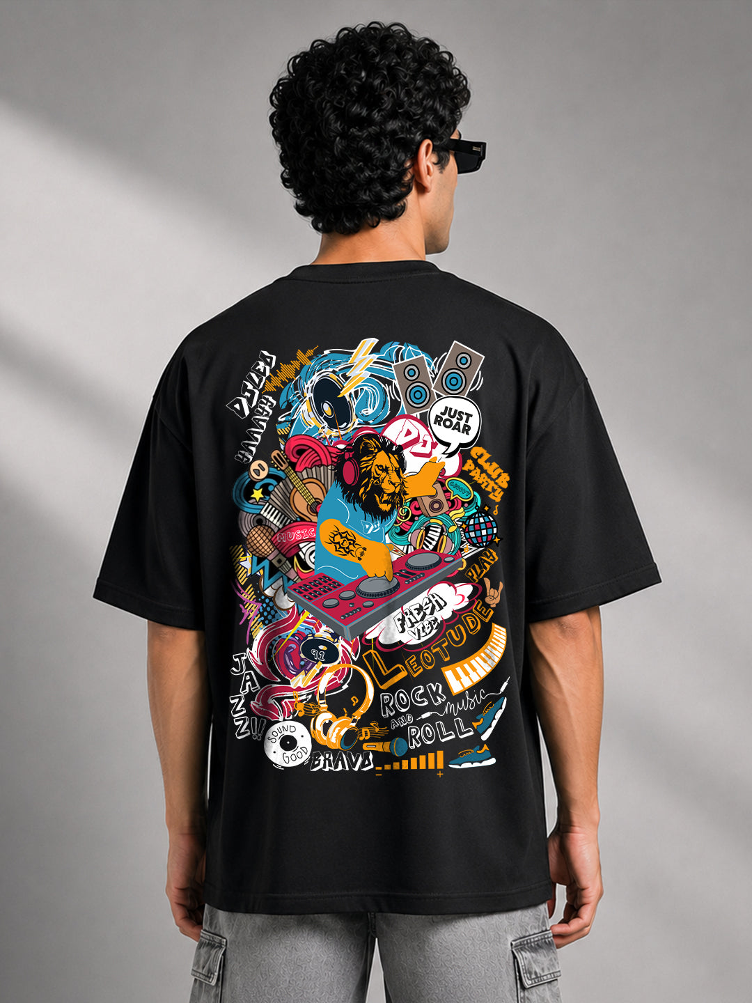 Leotude Black DJ Leo Printed Oversized Tshirt for Men
