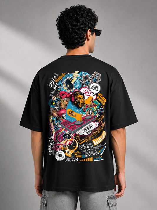 Leotude Black DJ Leo Printed Oversized Tshirt for Men