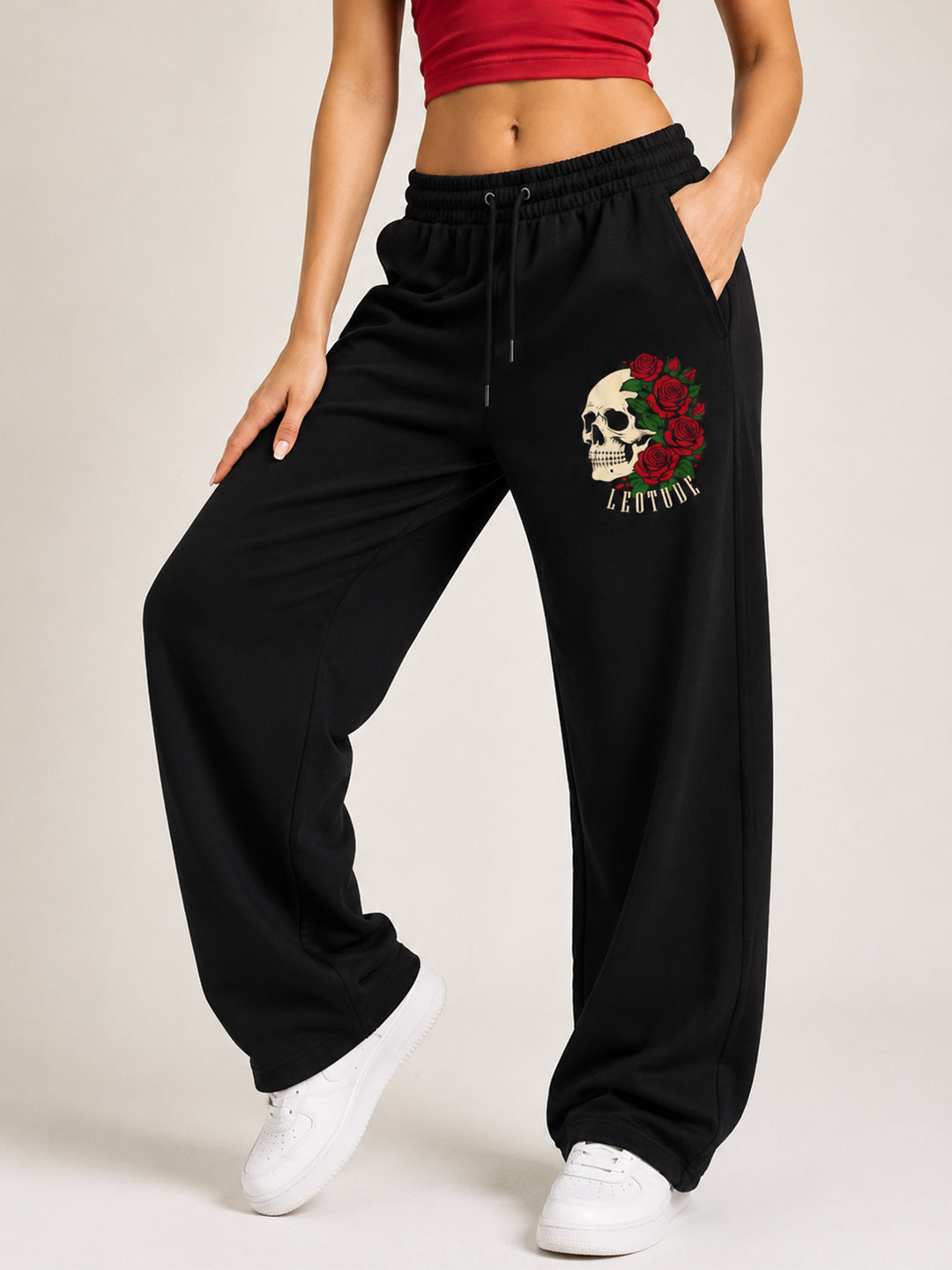 Leotude Women's Black Skull Rose Premium Trackpants